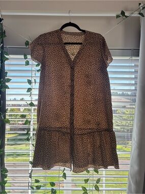 Women’s Brown Printed V-Neck Short Sleeve Dress Top